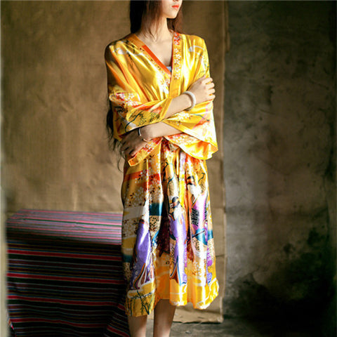 Yellow Satin  Floral PrintedVintage Kimono Bridesmaid  Bathrobe
