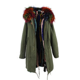 2016 New Fashion women's army green Large raccoon fur collar hooded long coat parkas outwear rabbit fur lining winter jacket