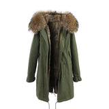 2016 New Fashion women's army green Large raccoon fur collar hooded long coat parkas outwear rabbit fur lining winter jacket