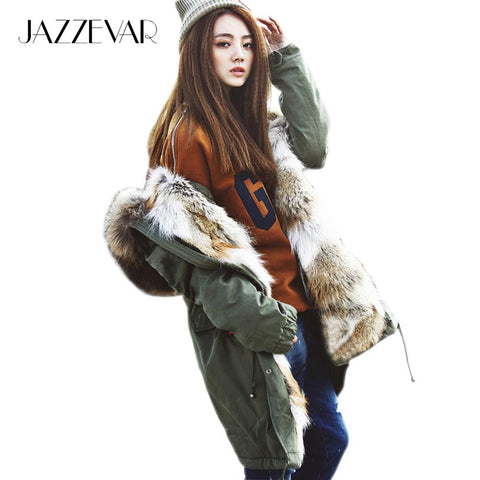 2016 New Fashion women's army green Large raccoon fur collar hooded long coat parkas outwear rabbit fur lining winter jacket