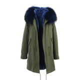 2016 New Fashion women's army green Large raccoon fur collar hooded long coat parkas outwear rabbit fur lining winter jacket