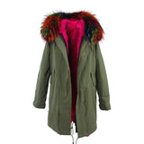 2016 New Fashion women's army green Large raccoon fur collar hooded long coat parkas outwear rabbit fur lining winter jacket