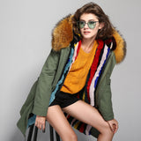 2016 New Fashion women's army green Large raccoon fur collar hooded long coat parkas outwear rabbit fur lining winter jacket