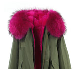 2016 New Fashion women's army green Large raccoon fur collar hooded long coat parkas outwear rabbit fur lining winter jacket