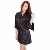 New Black Women's Faux Silk Robe Bath Gown Hot Sale Kimono Yukata Bathrobe Solid